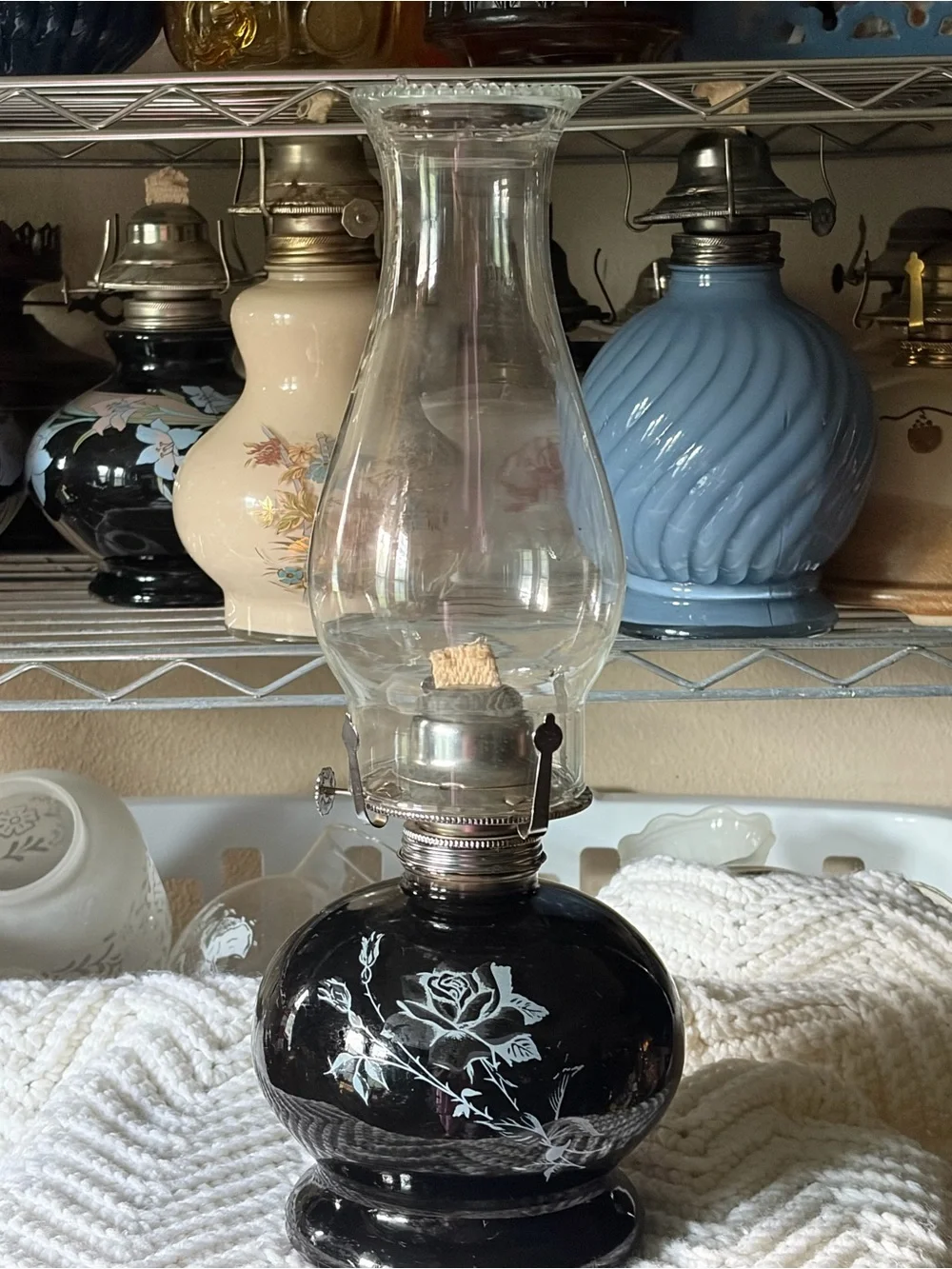 Vintage Black Floral Glass Oil Lamp - Unbranded